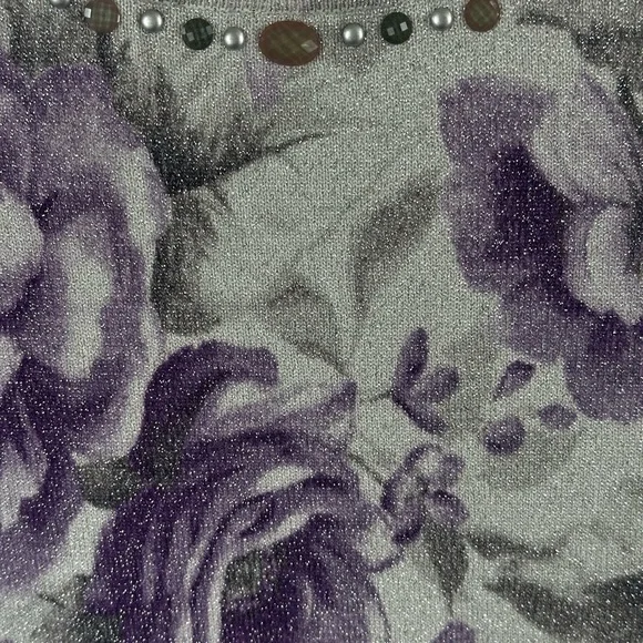 Women’s Floral Glitter Knit Top with Embellished Neckline - Purple/Gray - Picture 10 of 16